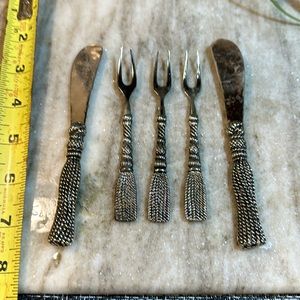 1980's Silea Silver hors d’oeuvres Forks & cheese spread knives Braided handles